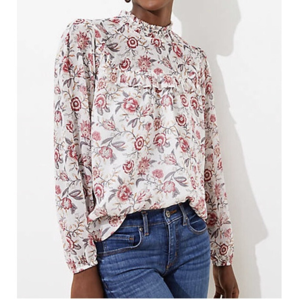 LOFT Gray White Maroon Floral Blouse High Smocked Neck Ruffle Top M Medium